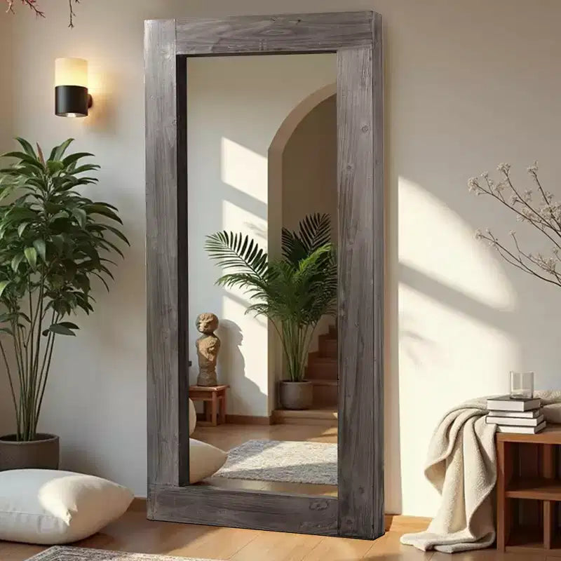 Miroir pleine longueur rectangulaire à angle droit en bois massif brun usé, 71x31 pouces (sans support)