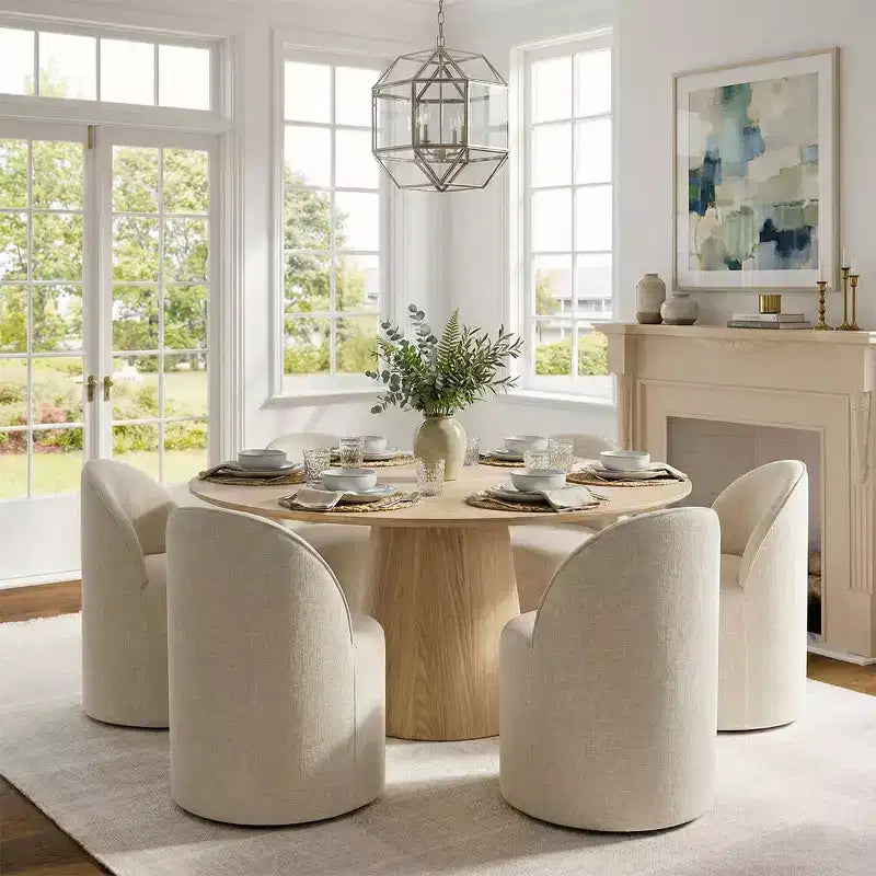 Moderne eethoek voor 6 personen, ronde eettafel met centrale voet, draaibare kuipstoelen op wieltjes, chenillestof met structuur - Panipeachy