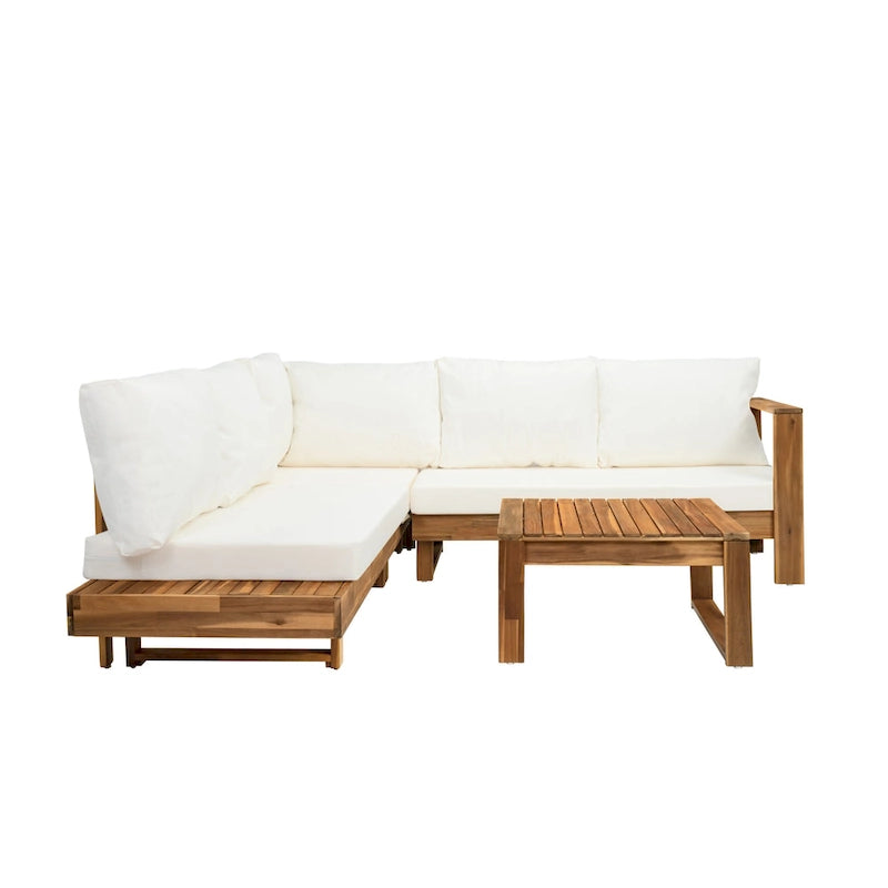 LSet di divani componibili angolari per patio con tavolo, chaise longue da esterno in legno, set conversazione da 4 pezzi