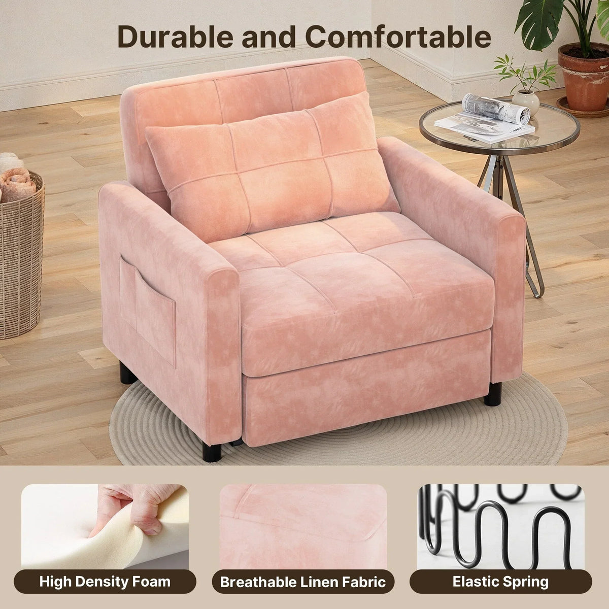 Divano letto trasformabile 3 in 1 con schienale regolabile, poltrona-divano estraibile, letto pieghevole convertibile per soggiorno