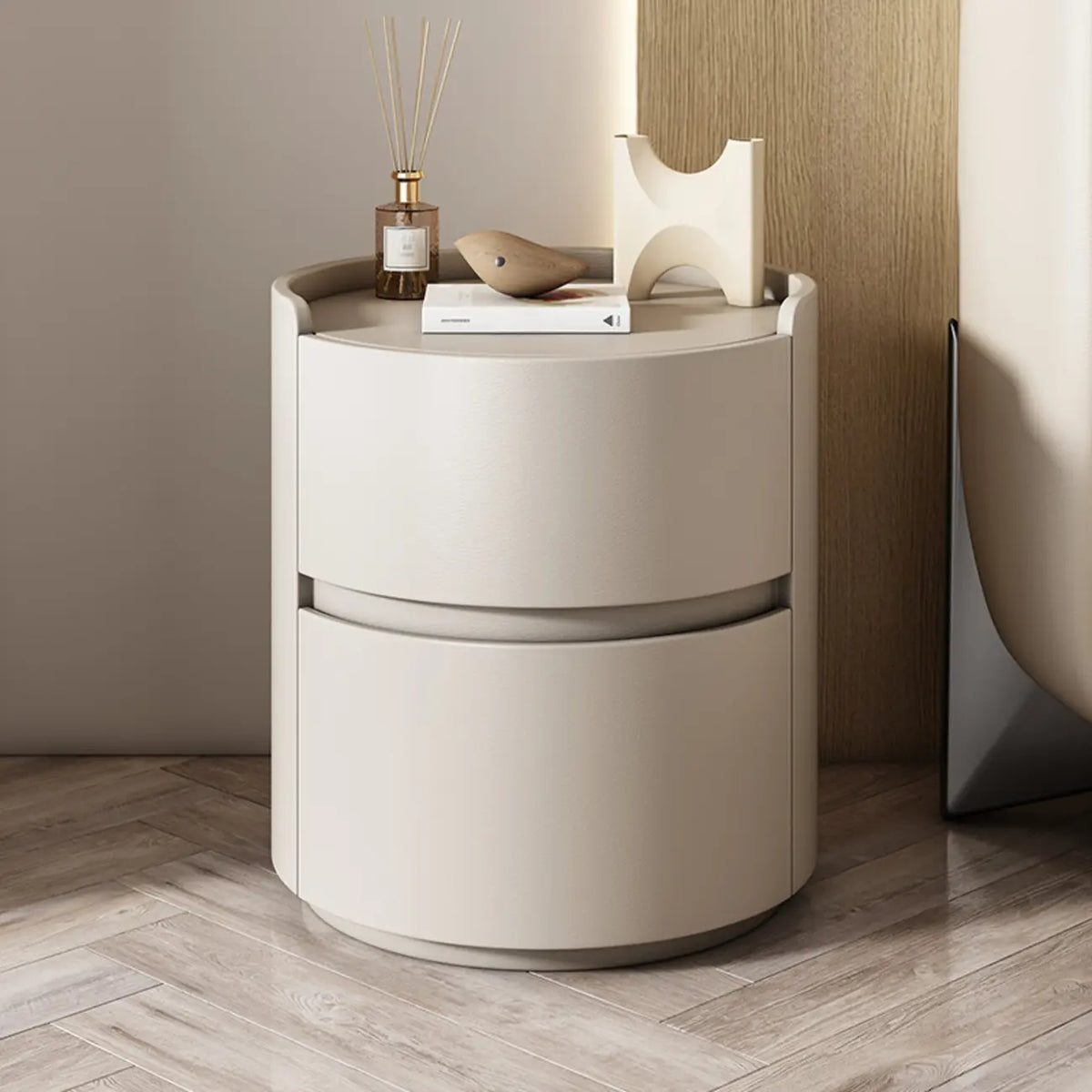 Moderne ronde nachtkastje met leren blad en 2 lades