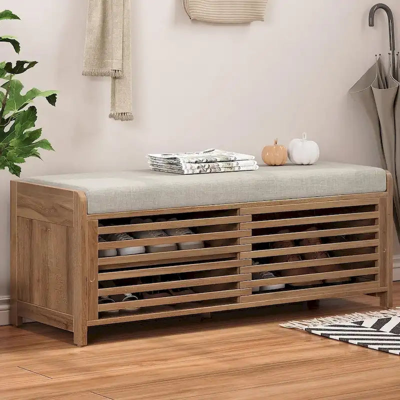 Banc de rangement en bois massif de 43.30 pouces avec persiennes vieillies contemporaines
