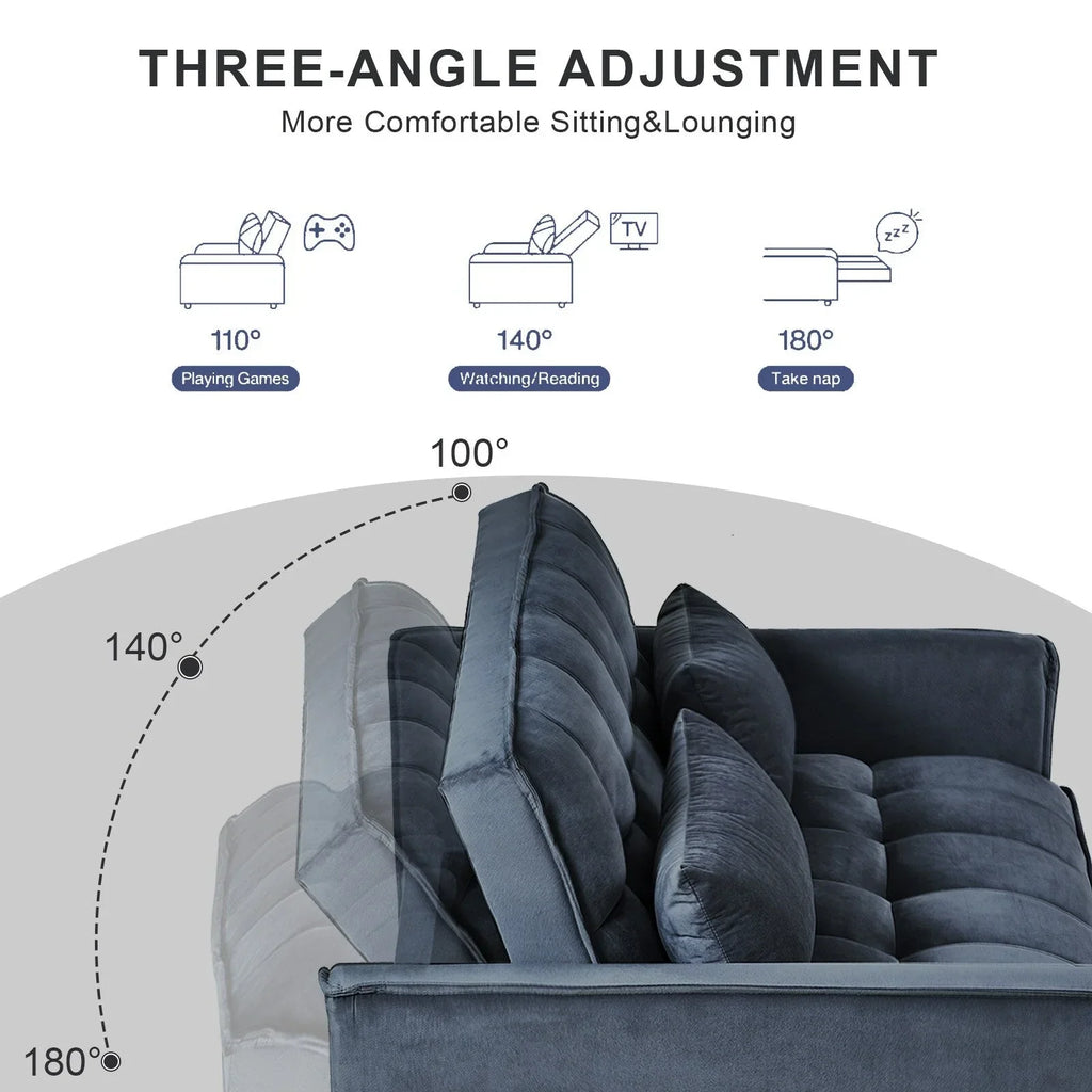Modernes Ausziehsofa mit Schlaffunktion, 3-in-1-Schlafsofa mit verstellbarer Rückenlehne, Samt-Zweisitzer, Kissen und Seitentaschen
