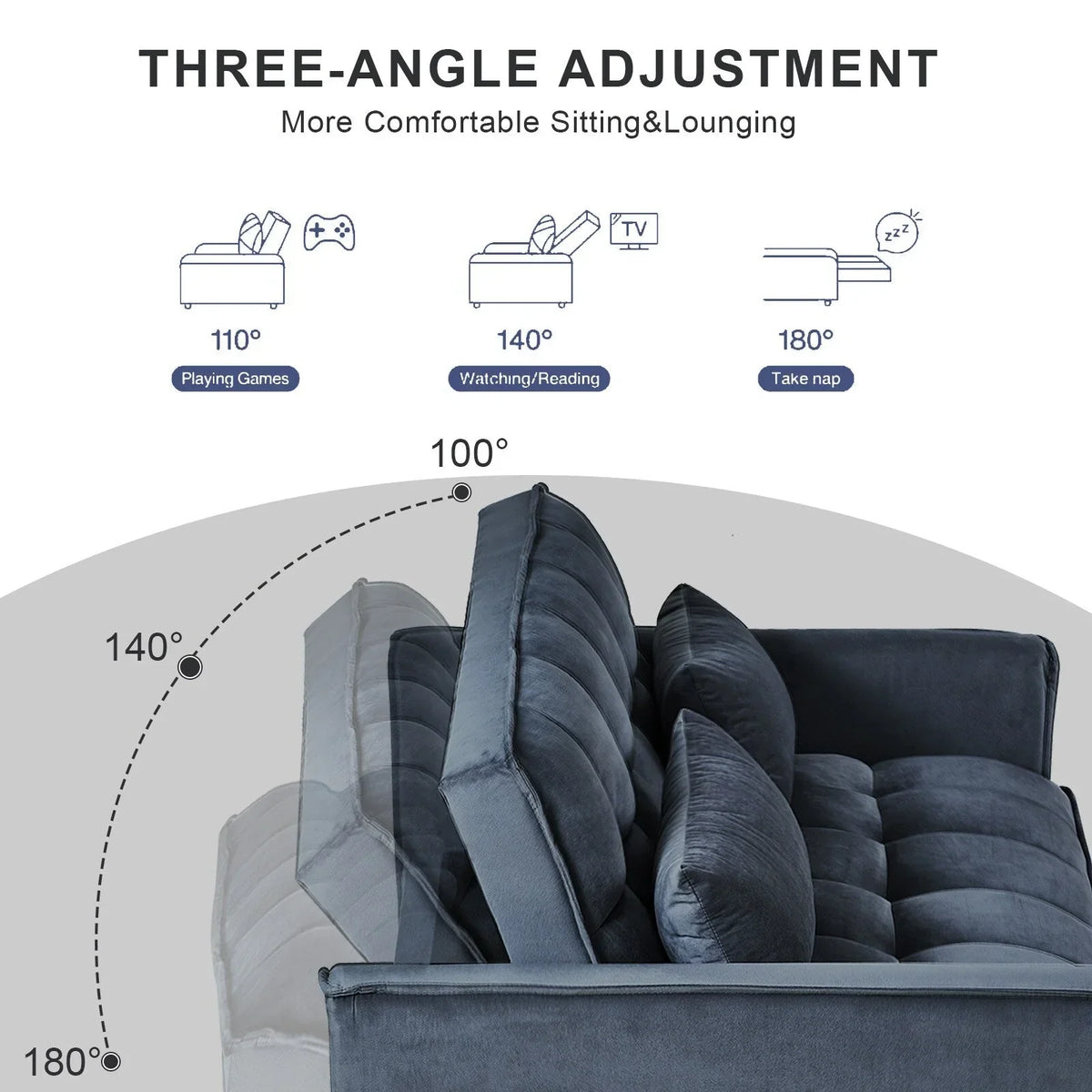 Modernes Ausziehsofa mit Schlaffunktion, 3-in-1-Schlafsofa mit verstellbarer Rückenlehne, Samt-Zweisitzer, Kissen und Seitentaschen