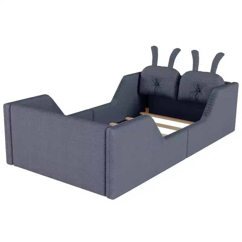 Lit plateforme simple Whisen, cadre de lit rembourré pour enfant au ras du sol avec coussin lapin et barrières latérales amovibles