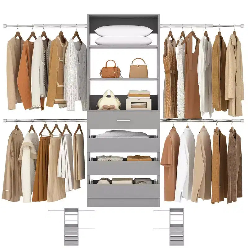 Système d'aménagement de dressing en bois Besiost de 4 à 9 pi avec 4 tiroirs, 4 tringles et des colonnes d'étagères