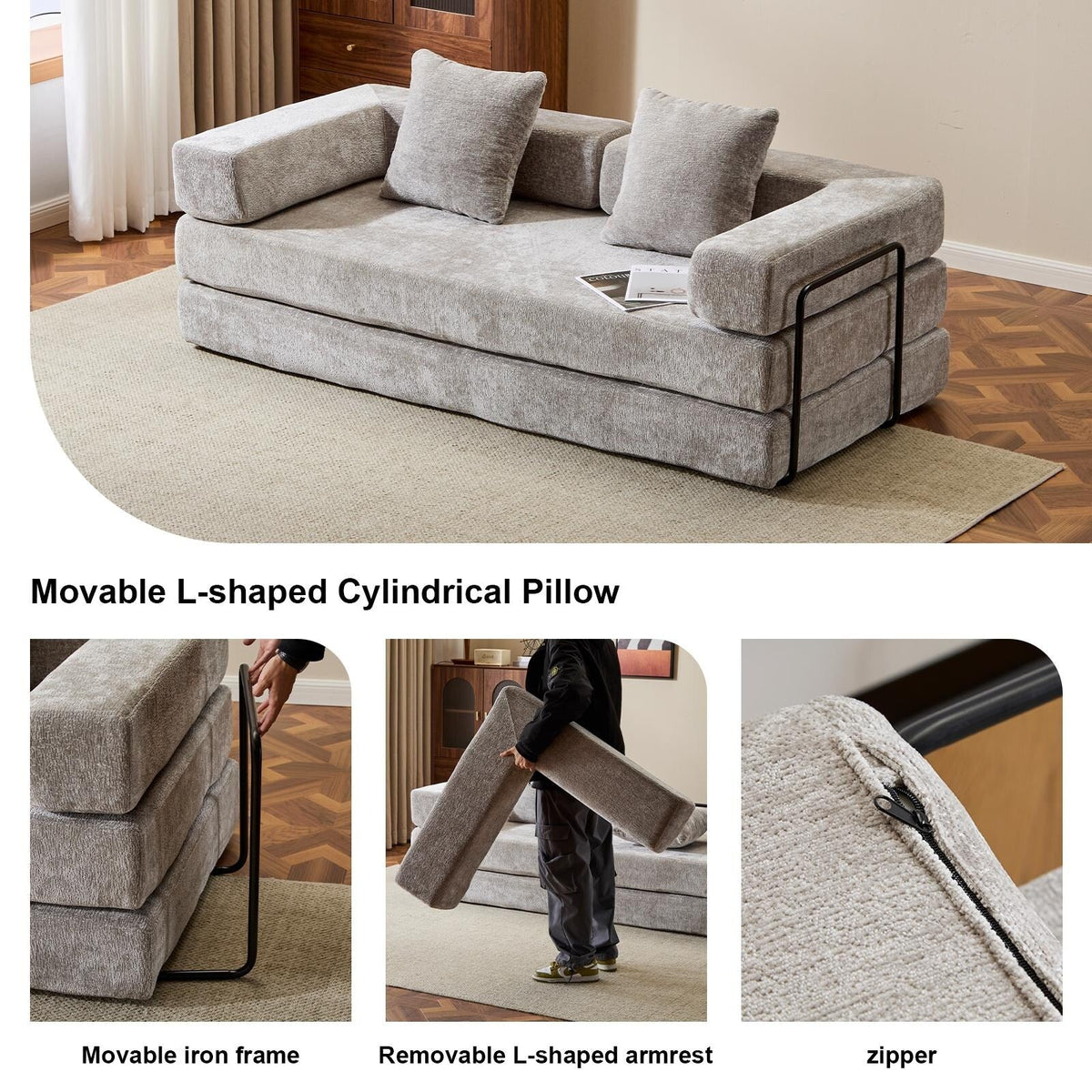 Convertible Floor Sofa Bed with Pillow Back Chenille Fabric for Living Room Bedroom