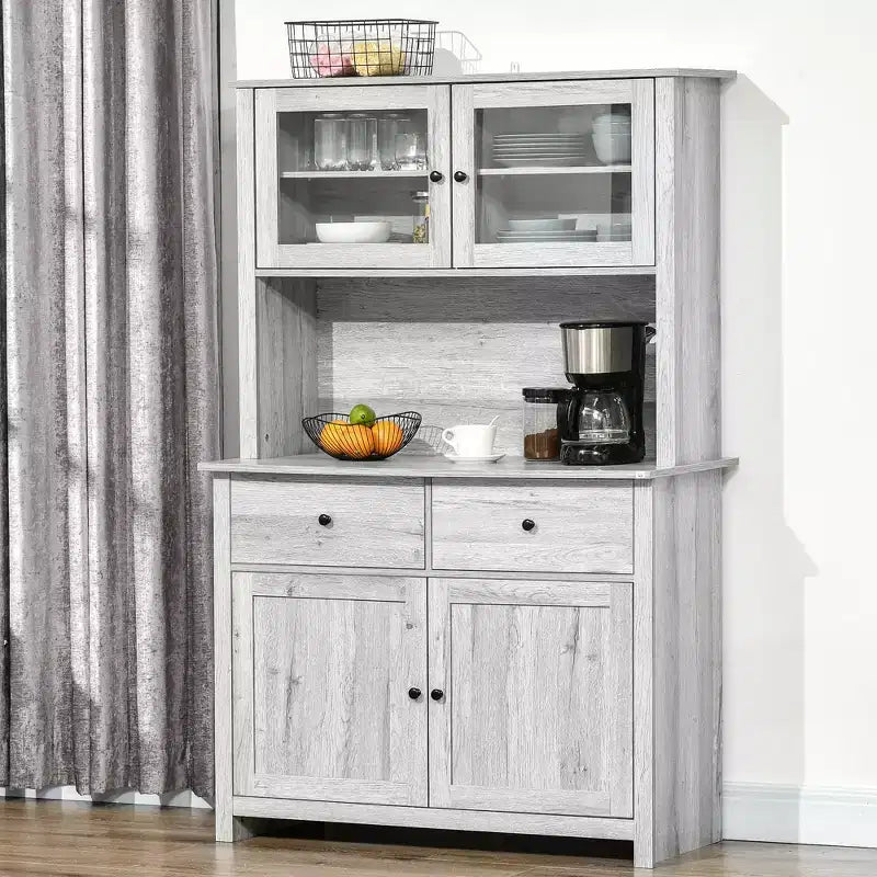 HOMCOM 63.5 Küchenbuffet mit Aufsatzschrank, Vorratsschrank mit 4 Einlegeböden, Schubladen, Glastüren mit Rahmen und offener Ablagefläche für die Mikrowelle