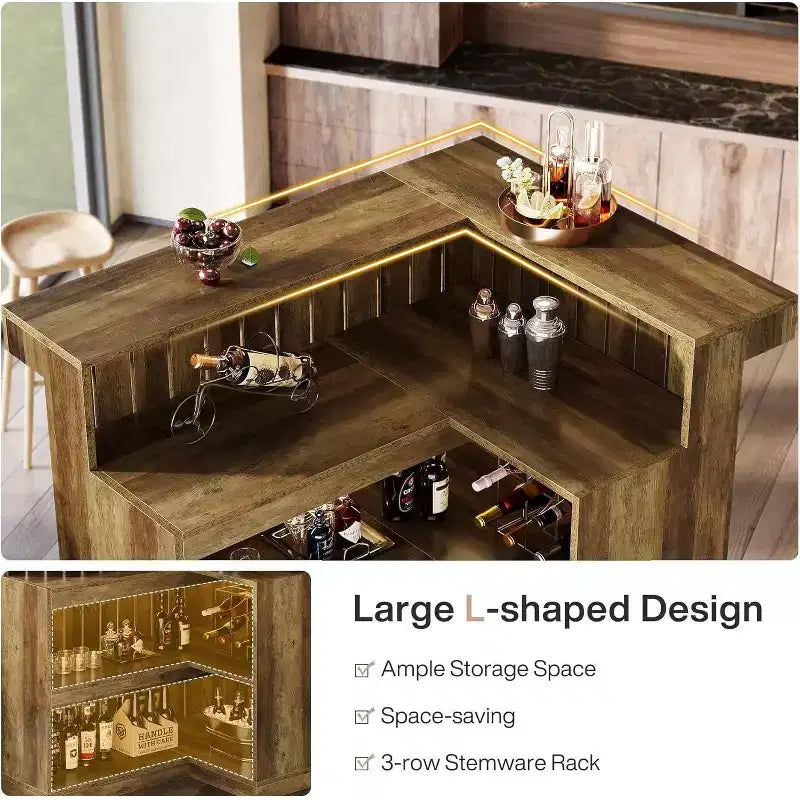 Bancone bar angolare a L Lantine per la casa, mobile da bar ad angolo a 4 ripiani con mensole e portabicchieri da vino per pub domestico