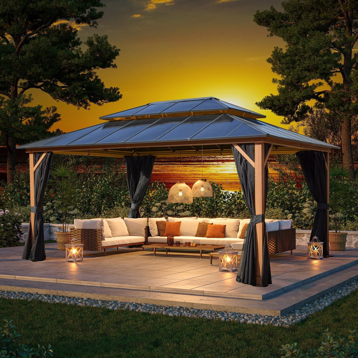 Gazebo EROMMY con tetto rigido, pergola da esterno con doppio tetto, rete e tende, copertura robusta per patio, giardino e feste in piscina