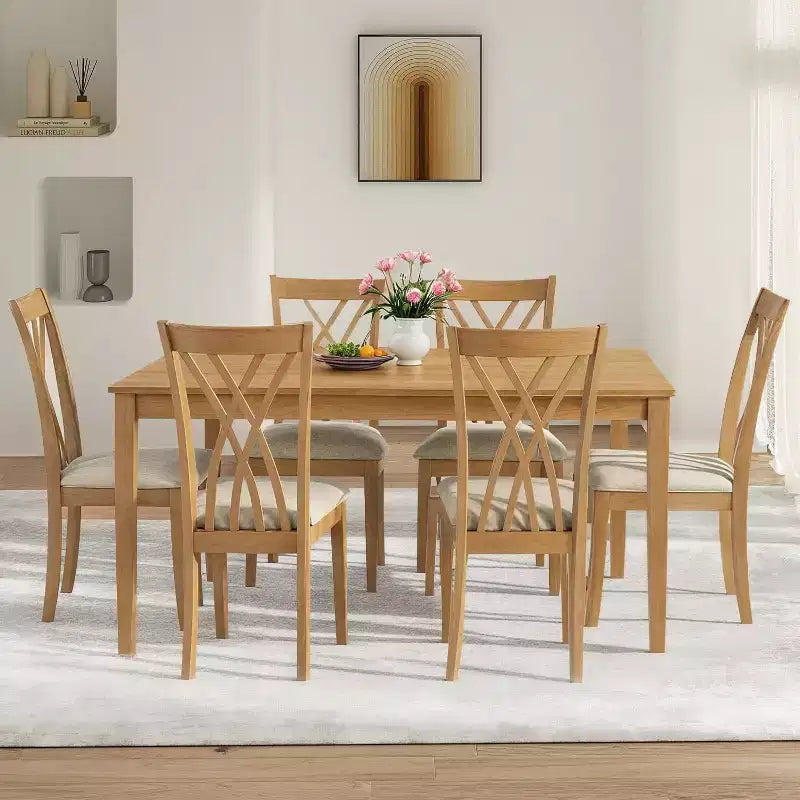 Set da pranzo Zevemomo da 7 pezzi in legno massello con 6 sedie imbottite, set tavolo e sedie salvaspazio, per sala da pranzo e cucina, colore legno naturale