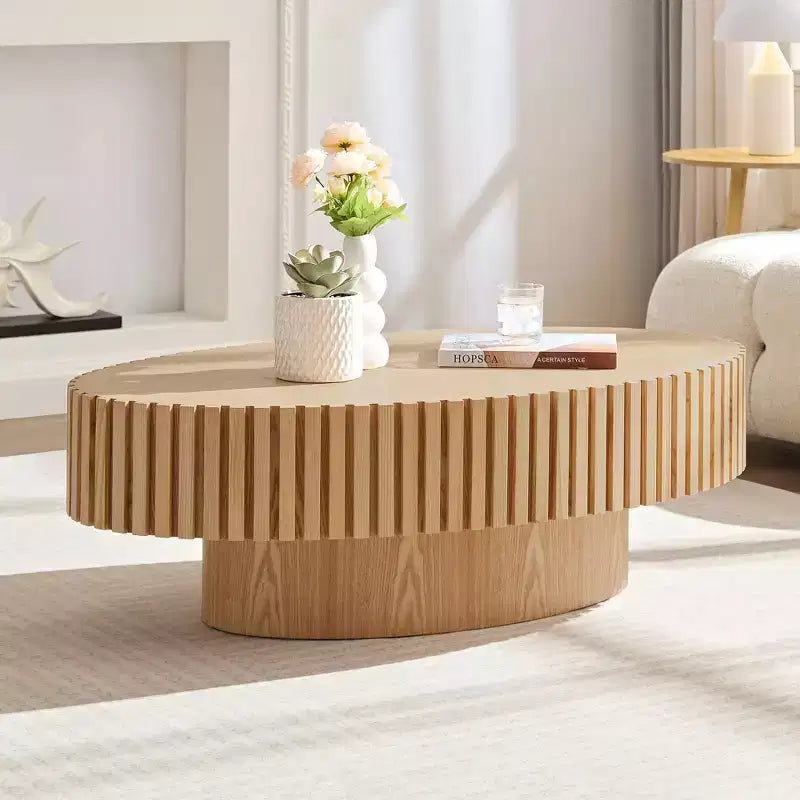 Table basse ovale/carrée minimaliste cannelée, table centrale d'appoint, frêne naturel/noyer/noir mat-ModernLuxe