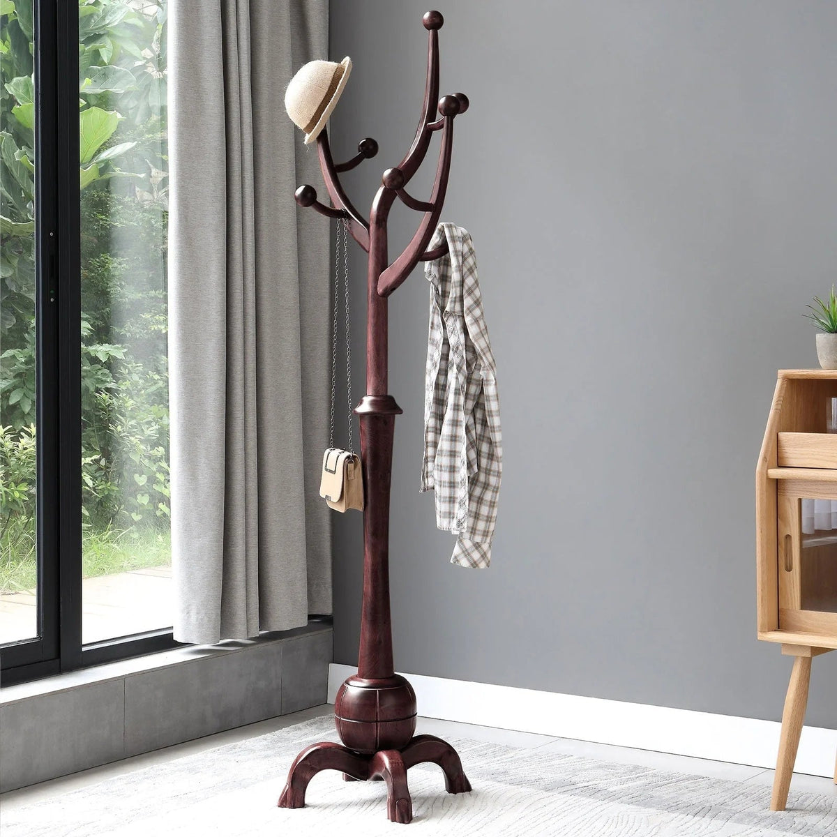 Appendiabiti autoportante in legno di gomma a forma di ramo con 8 ganci - 24.5W x 70.87H