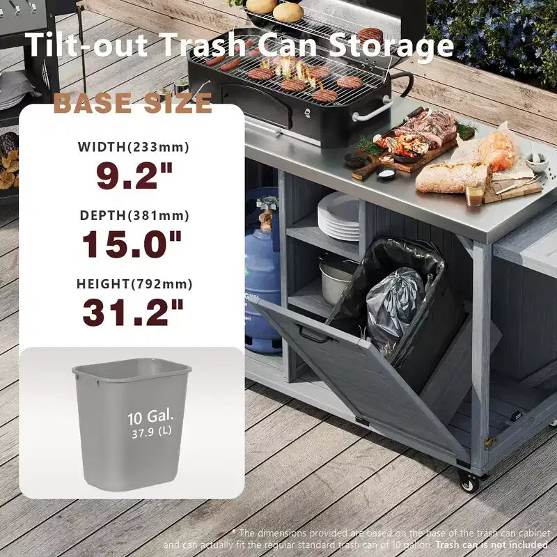 Outdoor-Kücheninsel mit klappbarem Beistelltisch, Grillwagen für draußen mit Edelstahlplatte, verstecktem Müllschrank für Rasen und Garten