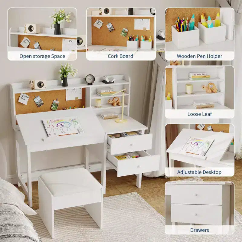 Schreibtisch- und Stuhlset für Kinder, hölzerner Lerntisch mit verstellbarer, neigbarer Tischplatte, Schubladen und Korktafel - Lernschreibtisch-Set für Kinder