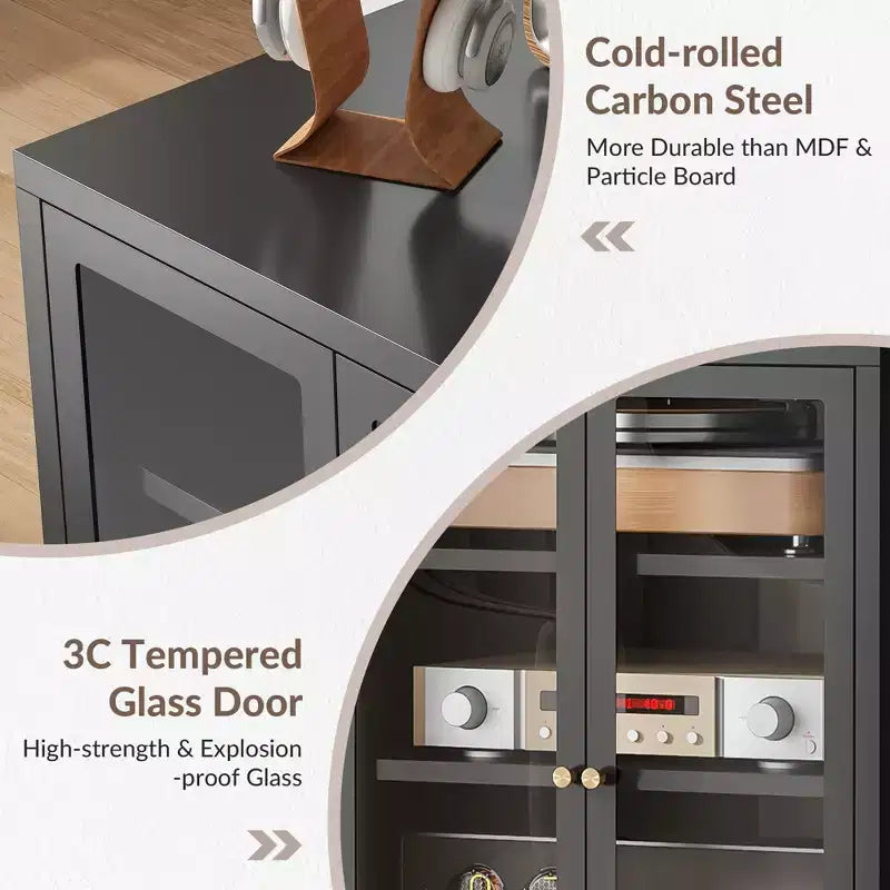 Meuble multimédia en métal Bekrvio, meuble stéréo à 4 niveaux avec portes en verre et étagères réglables, rack audio et audiovisuel avec gestion des câbles