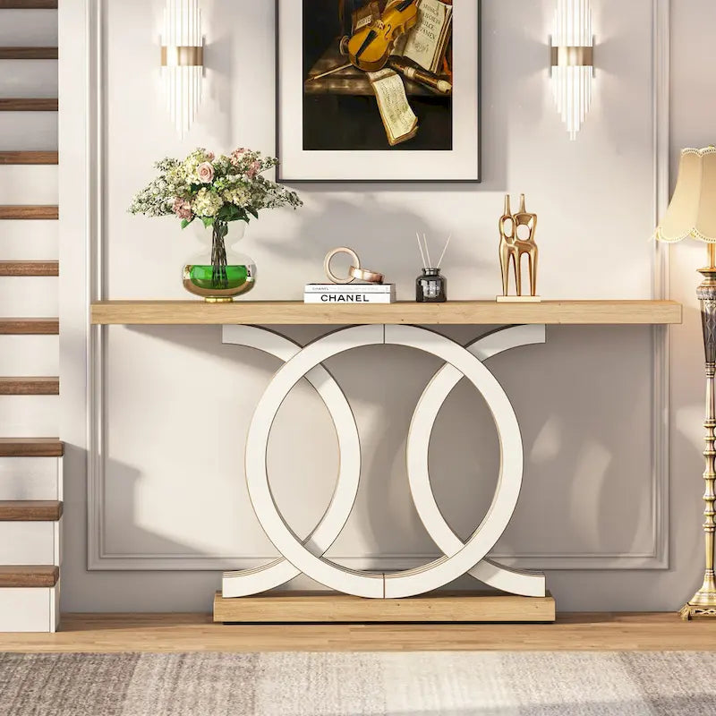 Table console vintage en bois pour couloir, avec piètement géométrique