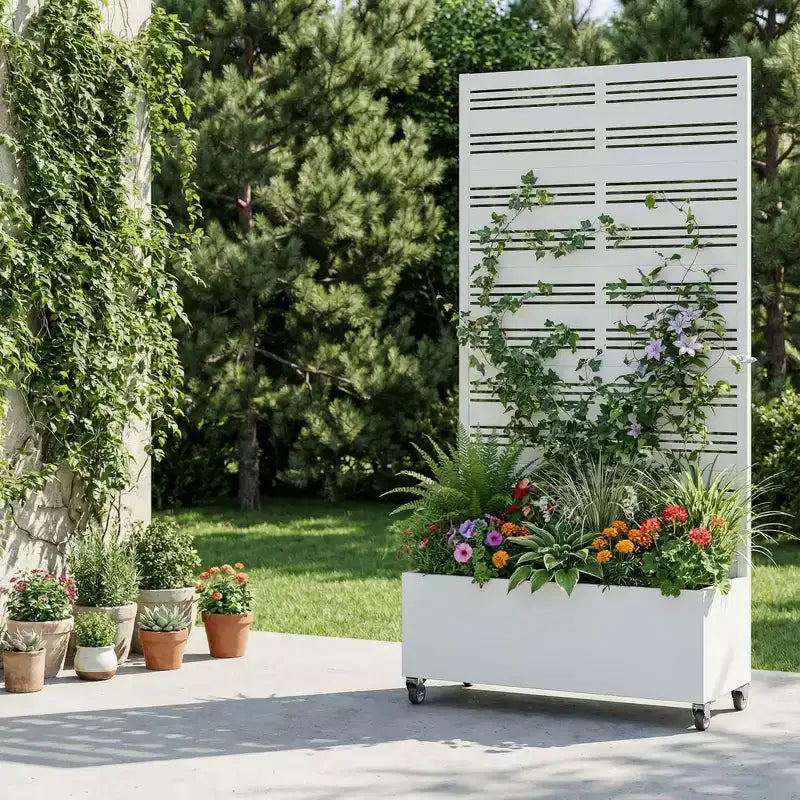 MAYEERTY weißer rechteckiger Pflanzkasten aus Schmiedeeisen mit Rankgitter (Harold Wide-Narrow B Louvered), 72x35x16, 5-teiliges Gartendekor für drinnen und draußen