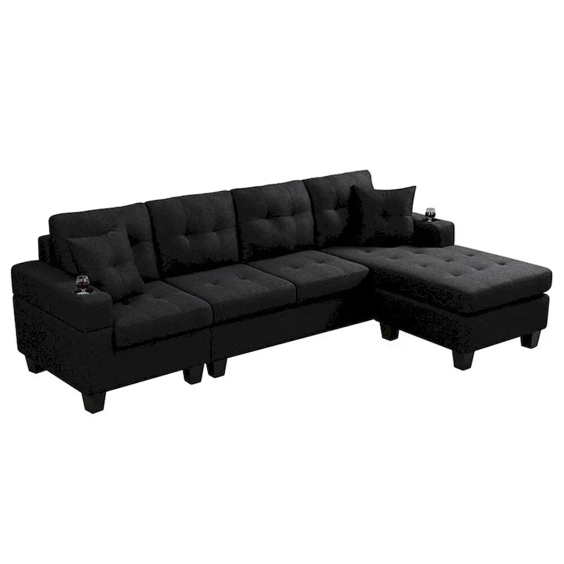 Canapé modulaire pour salon avec méridienne en forme de L et porte-gobelet