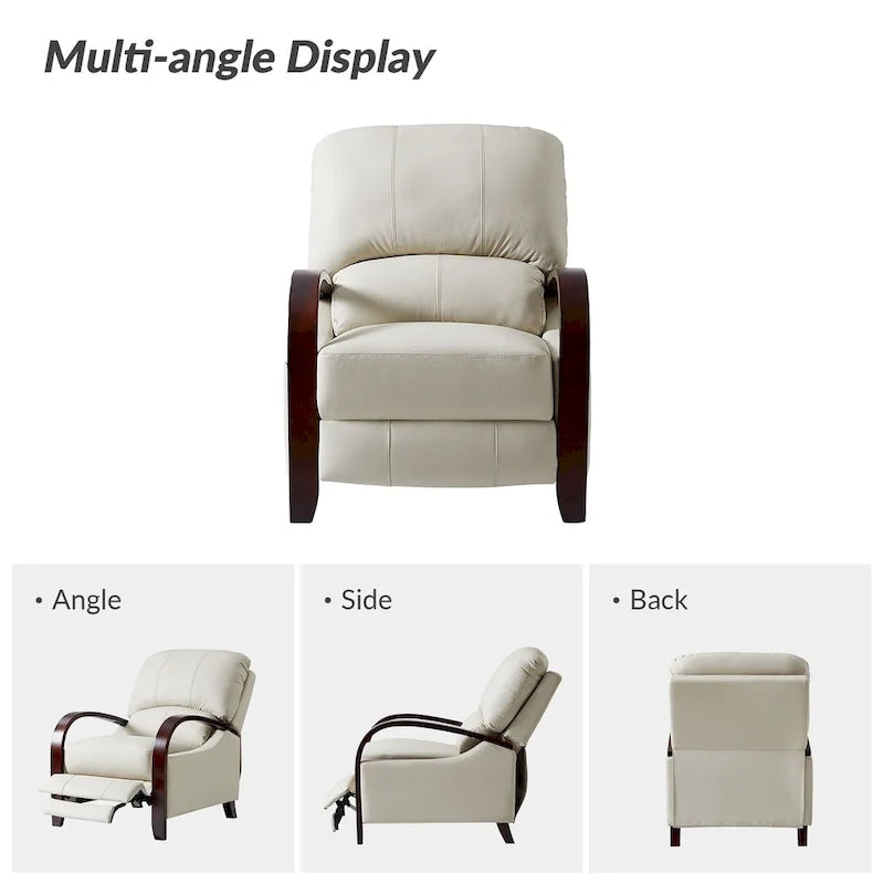 Alex handmatige relaxfauteuil van echt sigarenkleurig leer in mid-century moderne stijl, met gebogen houten armleuningen