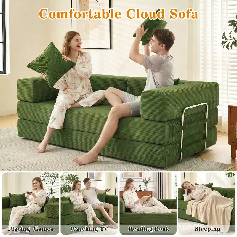 Dyonery canapé-lit pliant 78 en velours côtelé, convertible en lit, format king size, couchage au sol, canapé modulable 4-en-1 à combiner soi-même, confortable et dépliable.