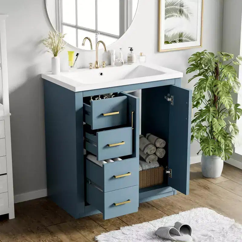 Badkamermeubel van 30 inch met enkele wastafel, kast en 3 laden - zwart / blauw / groen / indigo / wit