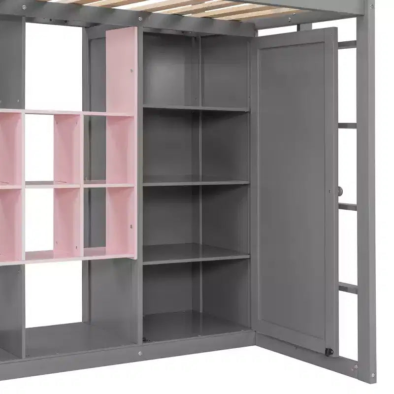 Kinder-Hochbett mit Kleiderschrank und Regalen, Holz-Hochbettrahmen mit Stauraumschrank für Kinder und Jugendliche