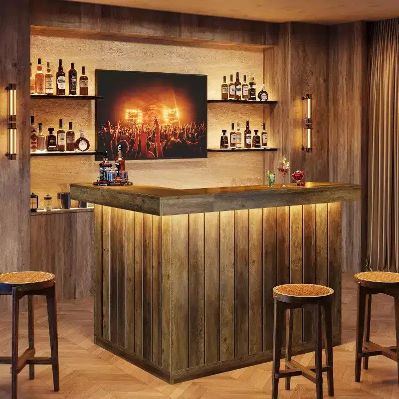 Bancone bar angolare a L Lantine per la casa, mobile da bar ad angolo a 4 ripiani con mensole e portabicchieri da vino per pub domestico