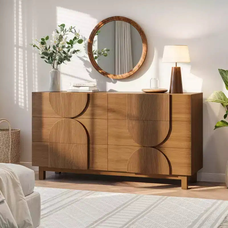 Cassettiera moderna geometrica a 6 cassetti, ampia cassettiera con dettagli semicircolari per camera da letto e soggiorno