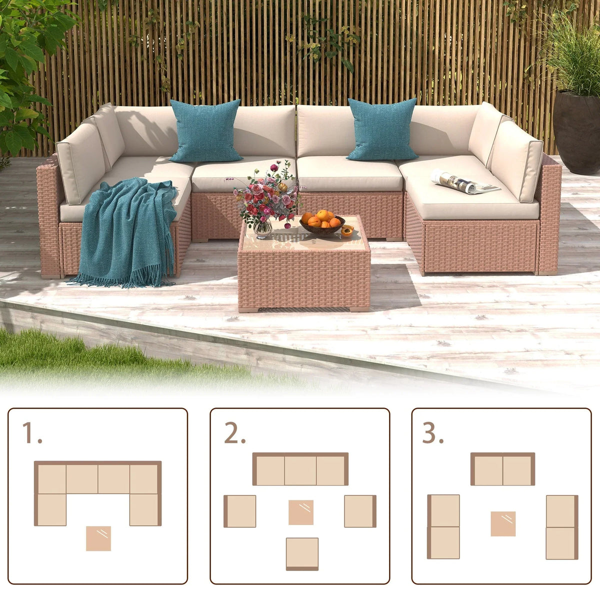 7-teiliges Outdoor-Ecksofaset aus Rattan und Stahl mit Kissen