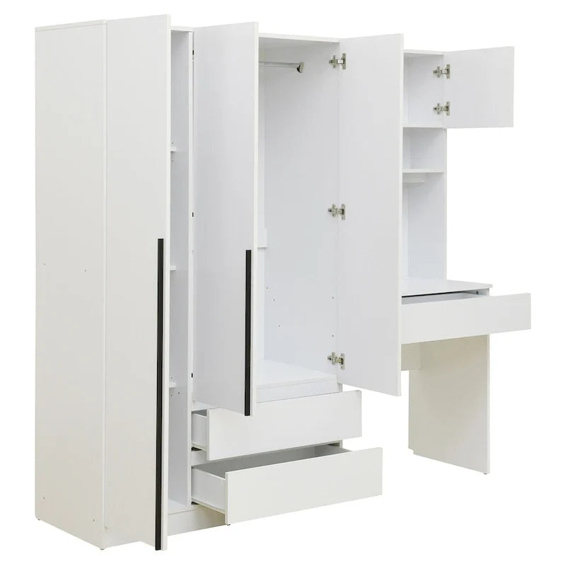 Armoire 3-en-1 avec coiffeuse et bureau, armoire de chambre avec 2 tiroirs et 3 portes de rangement