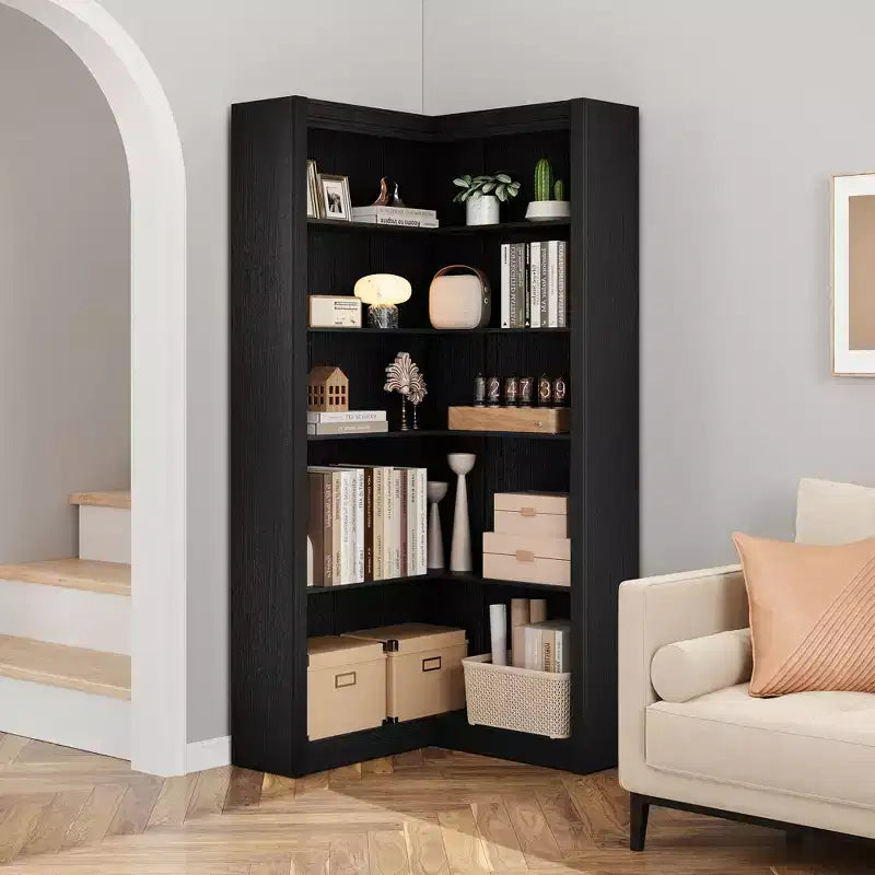 Noir/Blanc/Bois/Rétro, Bibliothèque d’angle en L, L-Shaped, 5 niveaux, simple