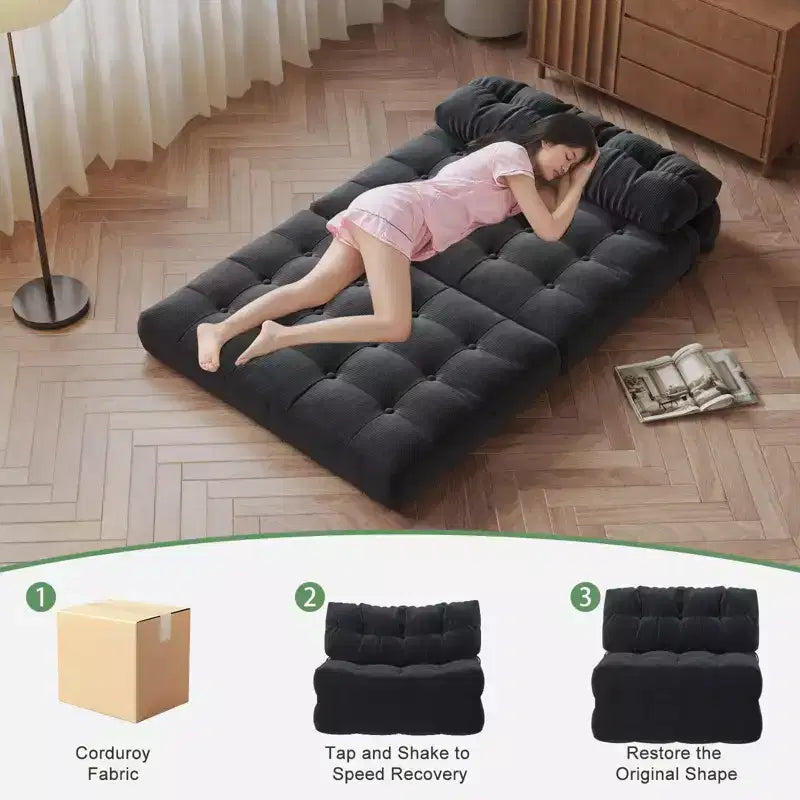 Futon pliant convertible en lit, format deux places, en velours côtelé, fauteuil-lit de sol avec coussin et soutien dorsal