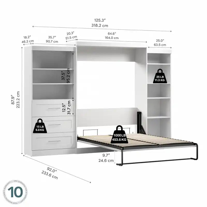 Wandbed met twee stellingkasten met laden, wandbed van 126 inch
