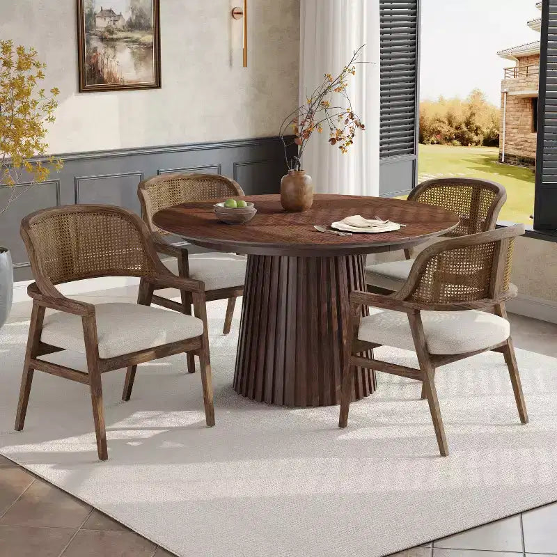 Christopher Knight Home Bennett ausziehbare Essgruppe im Mid-Century-Modern-Stil, 5-teilig, aus Holz, mit Tisch und 4 gepolsterten Stühlen mit Geflechtrücken