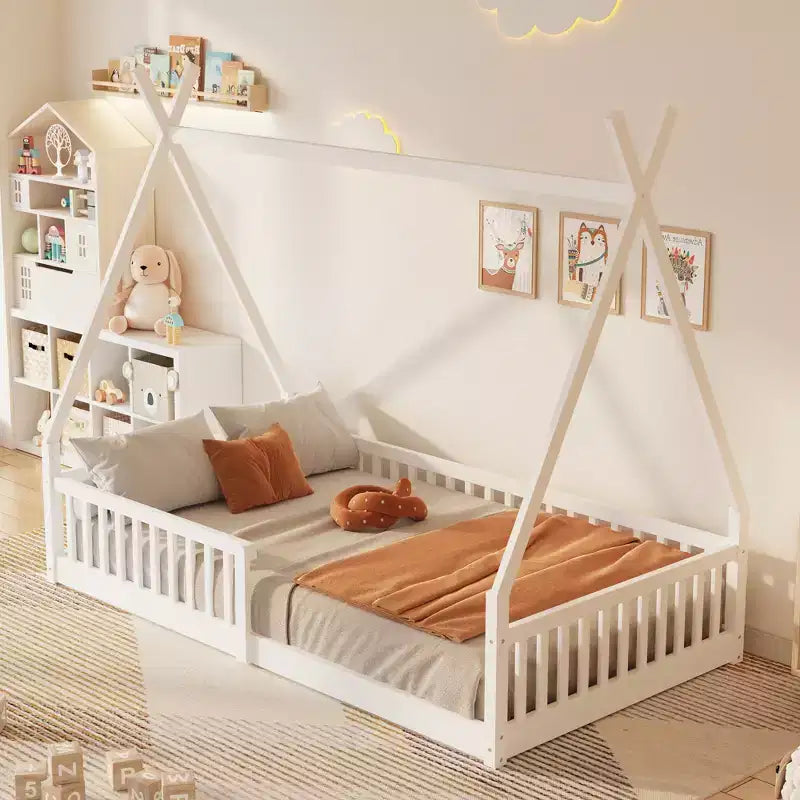 Vloerbed voor kinderen, tentbedden in eenpersoonsformaat, Montessori-vloerbed met latten en hekwerk, houten huisbedframe voor jongens en meisjes