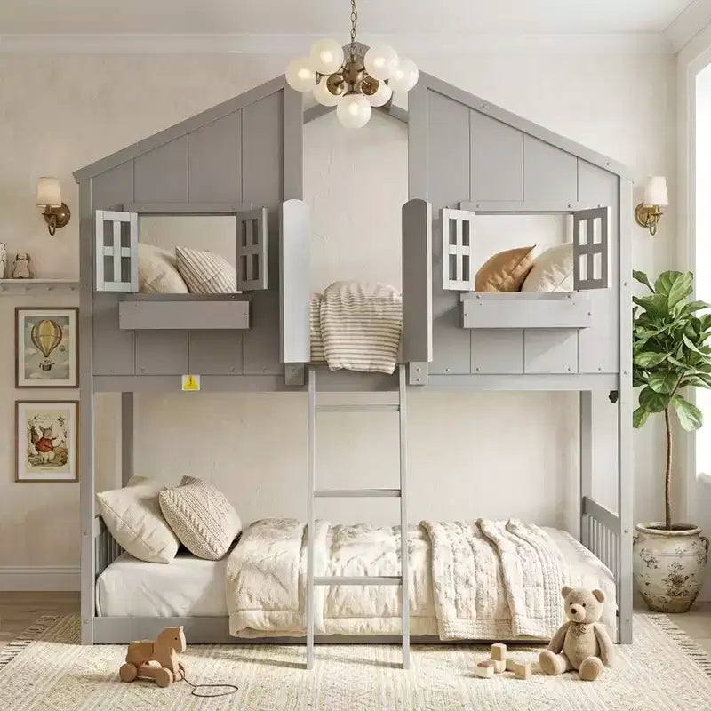 Letto a soppalco a forma di casetta per letto singolo, in legno, con scala e sponde di protezione per bambini