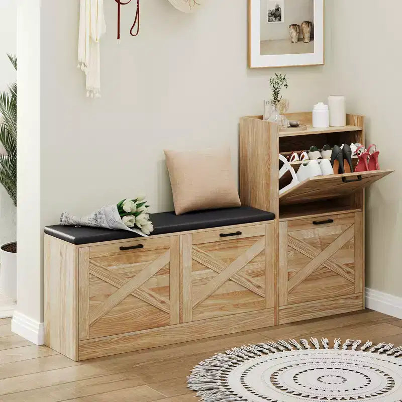 Banc avec 4 tiroirs rabattables et coussin d'assise rembourré, meuble étroit en bois pour ranger les chaussures, idéal comme banc d'entrée pour le salon