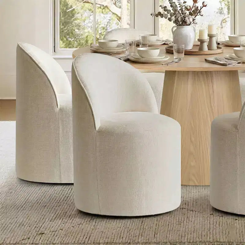 Moderne eethoek voor 6 personen, ronde eettafel met centrale voet, draaibare kuipstoelen op wieltjes, chenillestof met structuur - Panipeachy