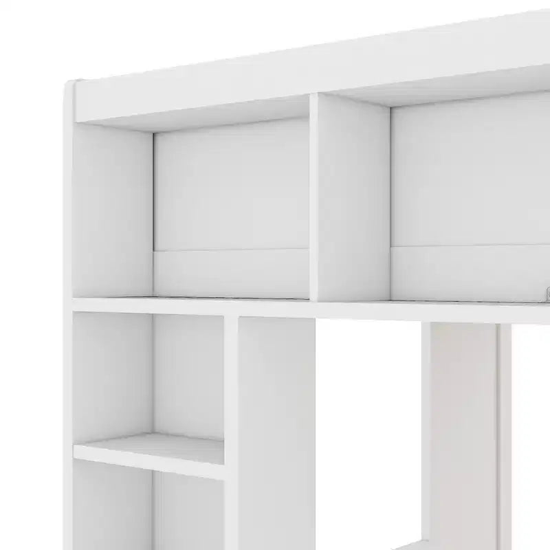 Struttura letto a soppalco in legno Whisen Queen Size con armadietti e ripiani contenitori