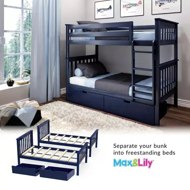 Letto a castello in legno massello per bambini, con due letti singoli sovrapposti e cassetti contenitori sotto il letto