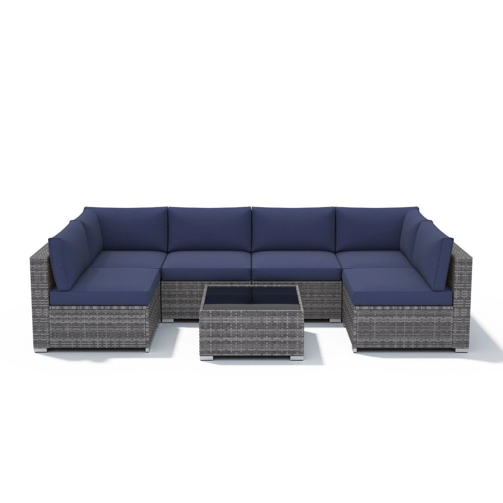 7-teiliges Outdoor-Ecksofaset aus Rattan und Stahl mit Kissen