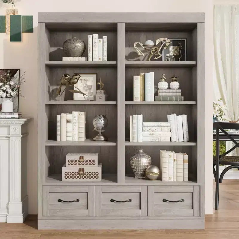 Boekenkasten van 64 H, boekenkast met 3 opberglades, 4 niveaus, extra brede open planken voor kantoor en woonkamer