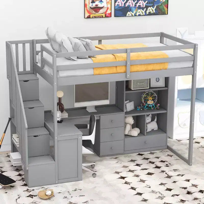Hoogslaper voor een eenpersoonsmatras met L-vormig bureau, 3 laden, kast, opbergruimte in de trap, gemaakt van massief grenenhout/MDF