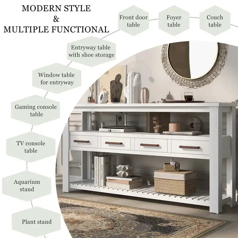Longue table console pour entrée et canapé avec tiroirs, table console de style rustique en bois avec 4 tiroirs et 2 étagères