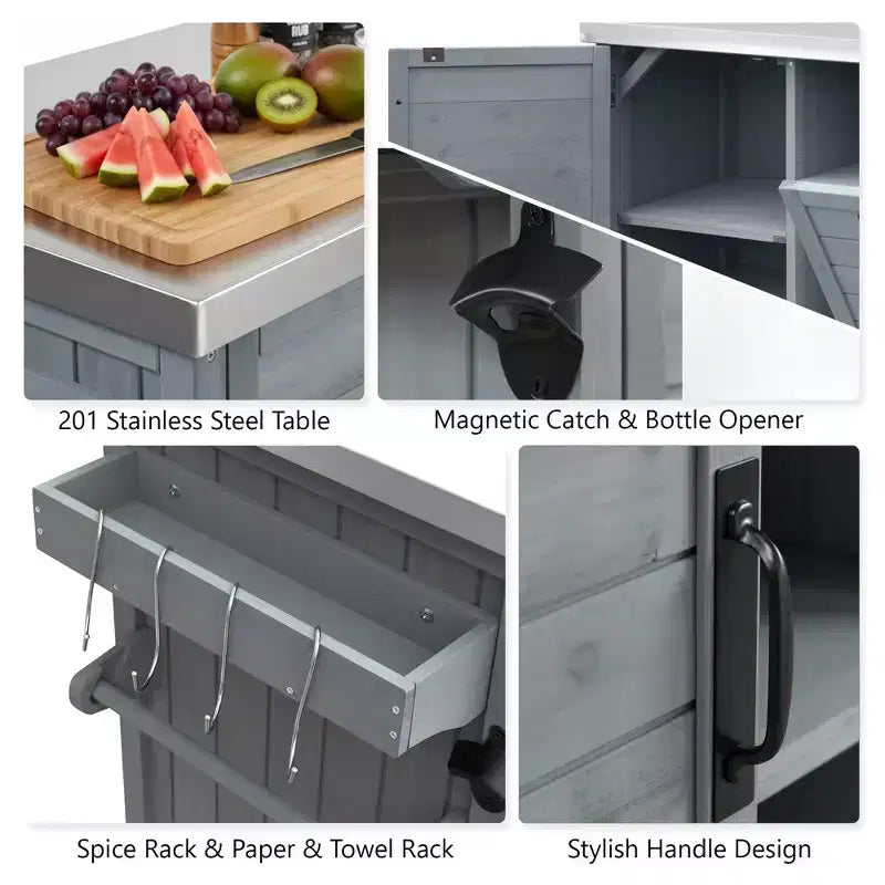 Îlot de cuisine d’extérieur FAMYYT de 78.3 pouces avec plan de travail en acier inoxydable, station de barbecue pliable et placards de rangement, bleu-gris