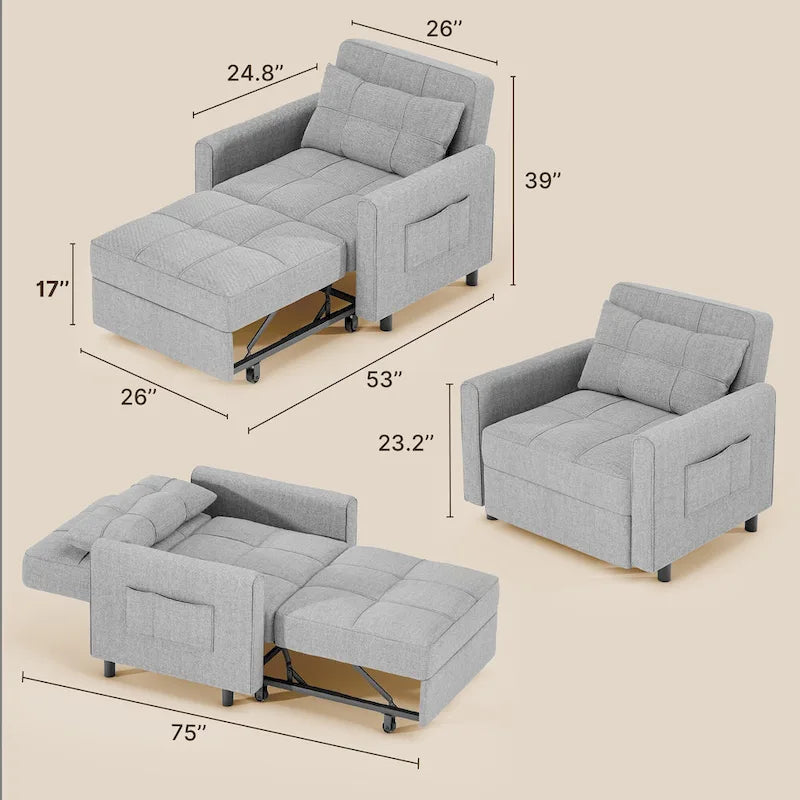 Fauteuil convertible 3-en-1 avec lit escamotable, canapé lounge rembourré convertible, réglable et pliable