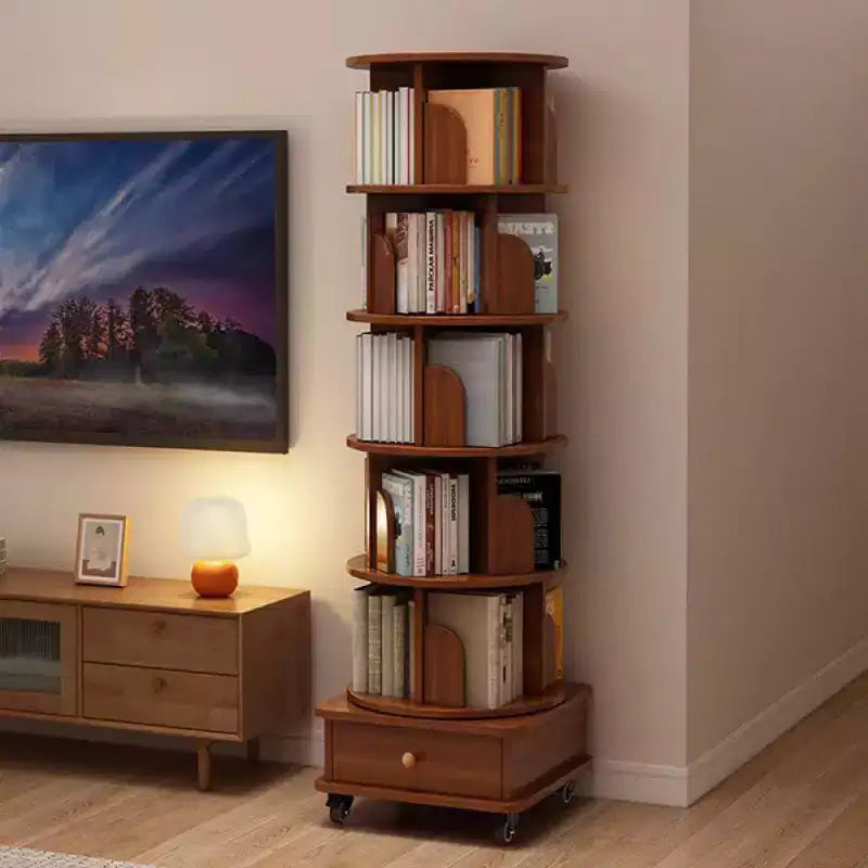 Libreria angolare girevole a 360° Chic Crate a 6 ripiani con ruote, libreria stretta per spazi ridotti, marrone noce