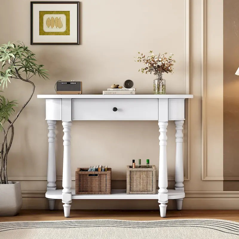 Schmaler Konsolentisch im Retro-Stil mit abgerundeten Ecken, oberer Schublade und offenem Regal