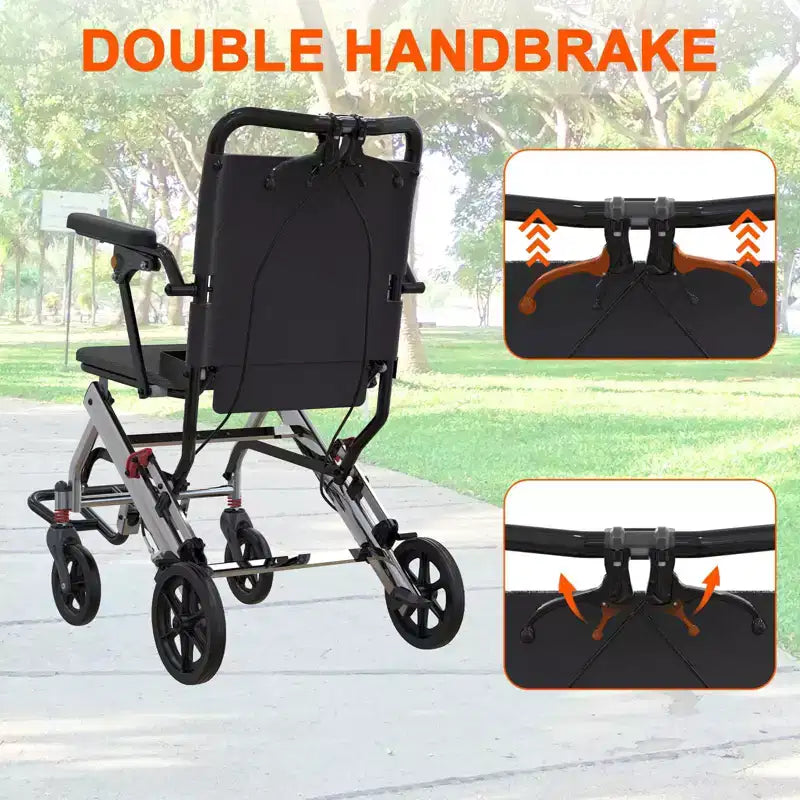 Fauteuil roulant de transport ultra léger pour personnes âgées, pliable et portable, avec frein à main verrouillable et accoudoirs rabattables amovibles